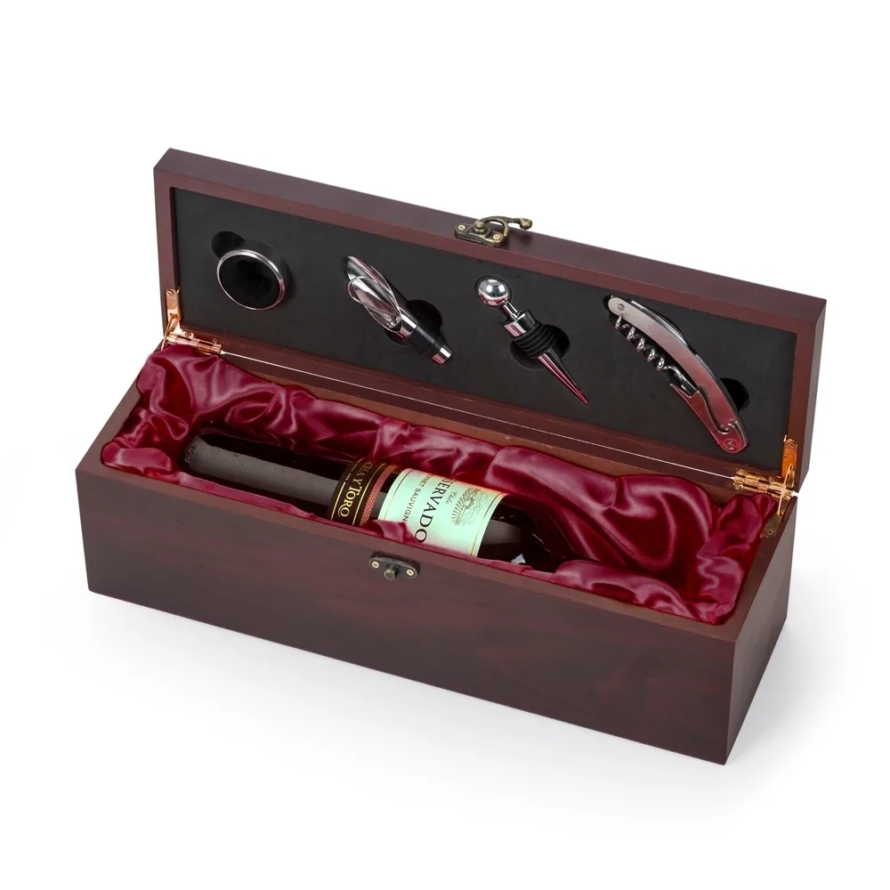 Kit Vinho  Caixa de Madeira 4 Peças  Porta Garrafa 